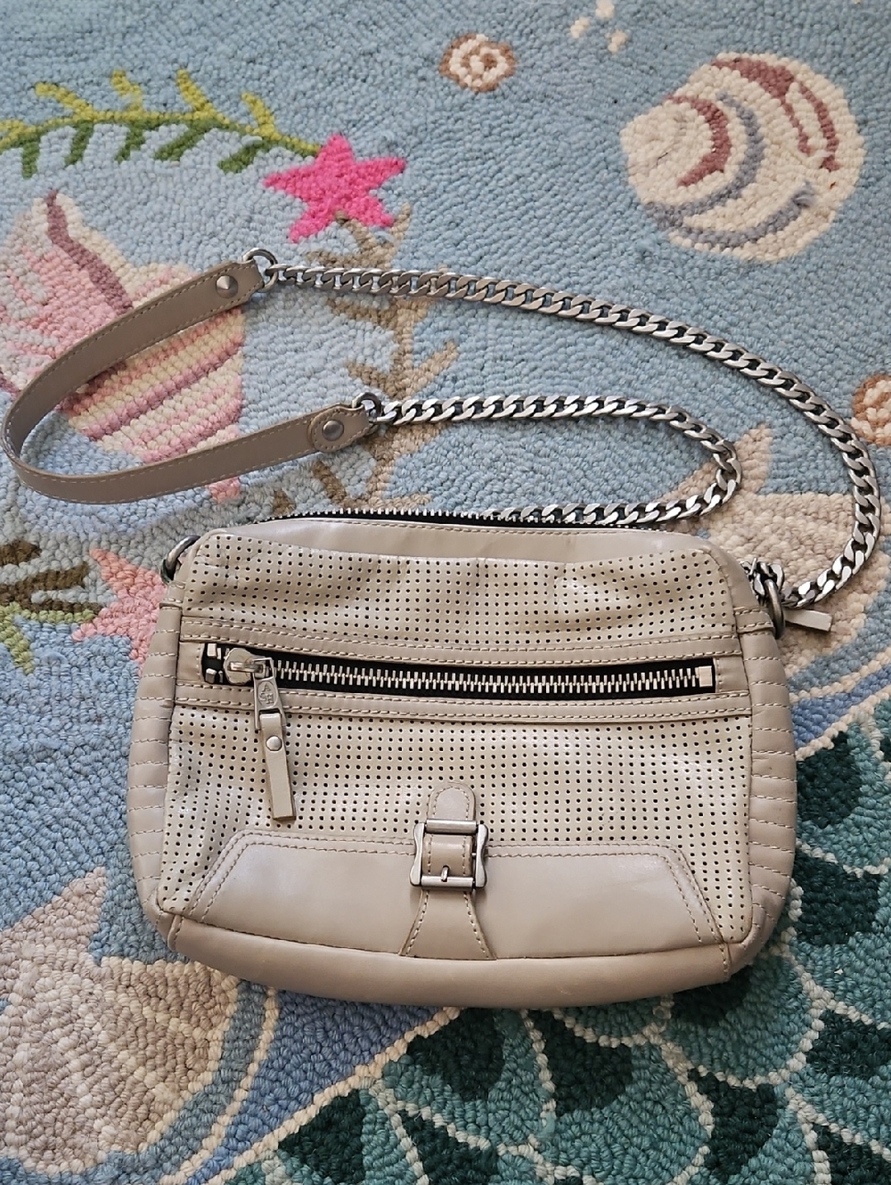 Ash Riley Leather Perforated Chain-Strap Crossbody Bag - Beige